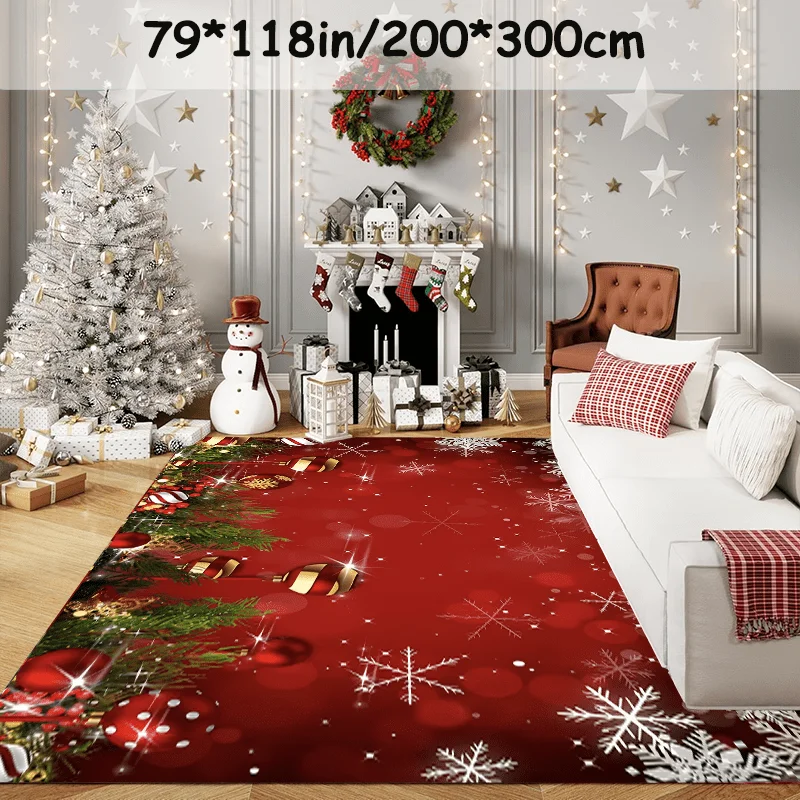 VIKAMA Christmas Area Rug Red Background Snowflake Bauble Pine Branch Print Non‑Slip Washable Living Room Home Floor Mat