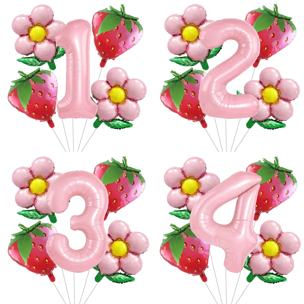 

5Pcs Fruit Strawberry Flower Foil Balloons with 40inch Pink Number Balloon Berry First Birthday Girl Sweet Summer Party Supplies