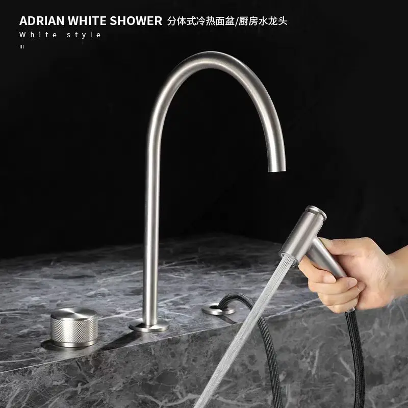 Modern Brass Brushed Nickel Three Holes Kitchen Sink Faucet with Pull Out sprayer Top Quality Copper Hot cold mixer Kitchen Tap