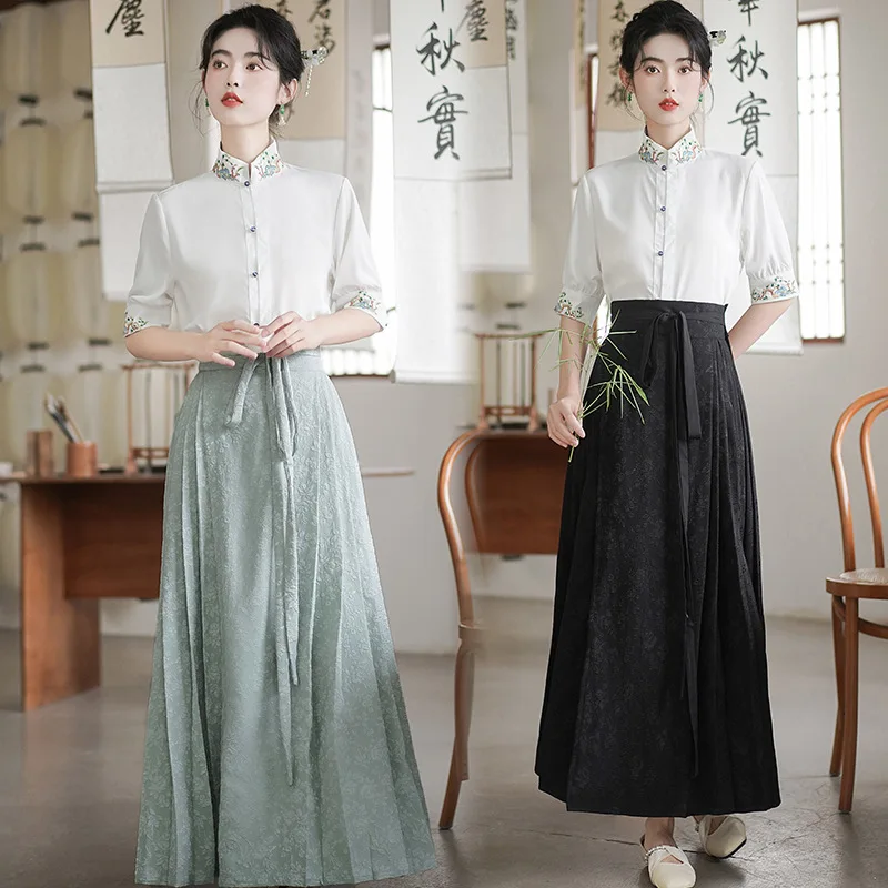 New Chinese Style Shirt Commuting Black Horse Face Skirt Top Improved Hanfu Style Daily Elegant Mamianqun Suit Cheongsam