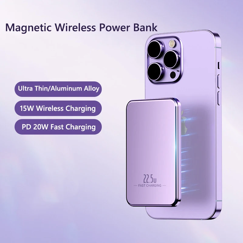 10000mah Alloy Magsafe Power Bank Wireless Fast Charging Ultra Thin PD20W Magnetic Powerbank for iPhone 16 Samsung Xiaomi Huawei