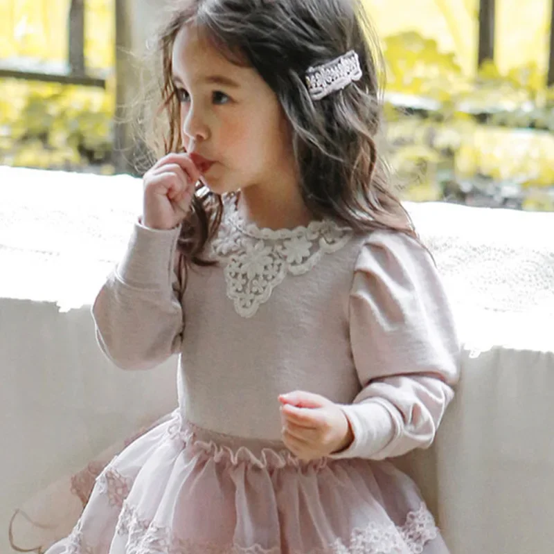 Kids Clothing for Girls Base Shirt 2023 New Korean Puff Sleeve Fashion Solid Color Lace Sweet Princess Cute Cotton Soft O-neck