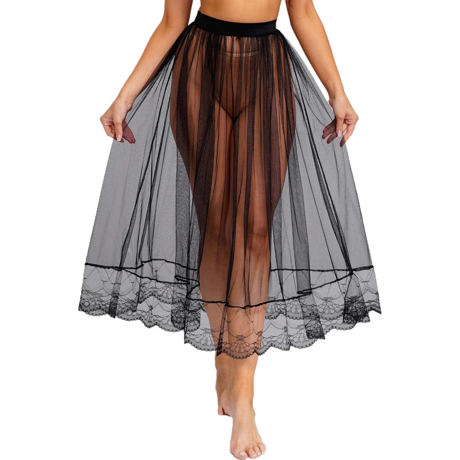 Womens Sheer Mesh Bikini Cover Up Skirt Elastic Waistband Lace Trim Tulle Skirts Half Slip Overlay Skirt Underskirt Clubwear