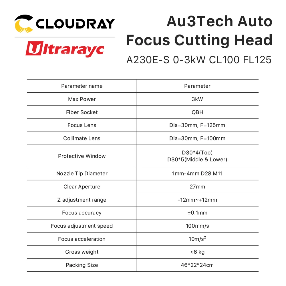 Cloudray au3tech a230e cabeça de corte a laser de fibra com lente d30 design de grupo potência máxima 3kw para máquina de fibra de corte de metal