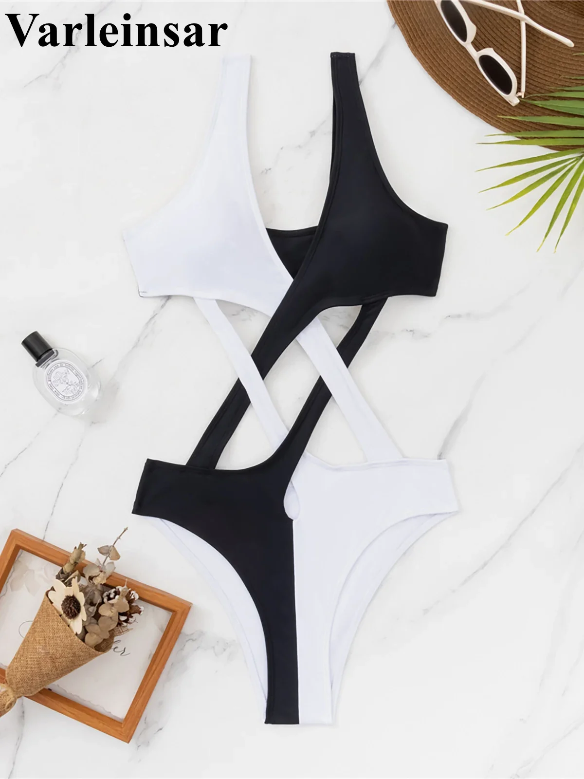 S - XL Splicing V Neck High Leg Cut Women Swimwear One Piece Swimsuit Female Monokini Padded Bather Bathing Suit Swim V5095SW