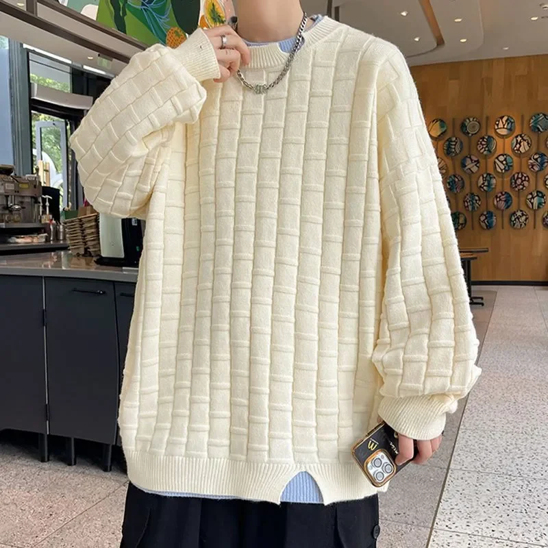 Fake Two-piece Autumn and Winter Teen Couple's Sweater Men's Loose Hong Kong Style Knitted Sweater Base Layer