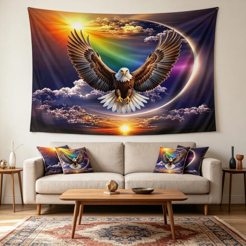 1PC Eagle Rainbow Sun Art Print Backdrop Banner, Bedroom Living Room Photo Background, Polyester, Home Decor, Wall Art