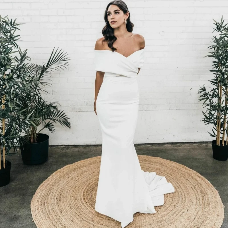 

Sexy V Neck White Ivory Off Shoulder Wedding Dresses Zipper Back Soft Satin Robes De Mariée Backless Bridal Gown for Women