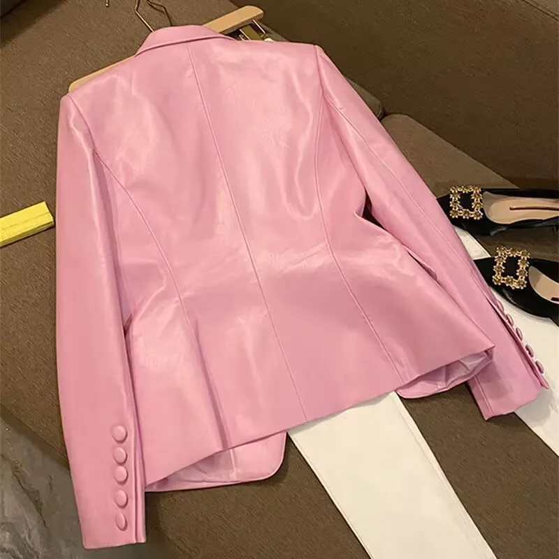 Women\'s Short Pink Jacket, PU Artificial Leather Blazer, Long Sleeve, Slim, Luxury Jackets, Female Coat, Street Fashion, Autumn