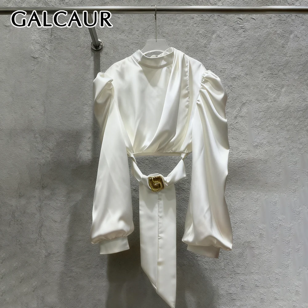 

GALCAUR однотонная шикарная рубашка с лентой, женская рубашка с воротником-стойкой и длинным рукавом, свободные элегантные литературные женские рубашки, осенняя мода, новинка