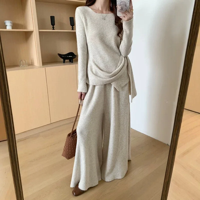 Harajuku Casual Gray Knit 2 Piece Set Women Asymmetric Skew Collar Sweater High Waist Wide Leg Pants Unique Retro Office Outfit