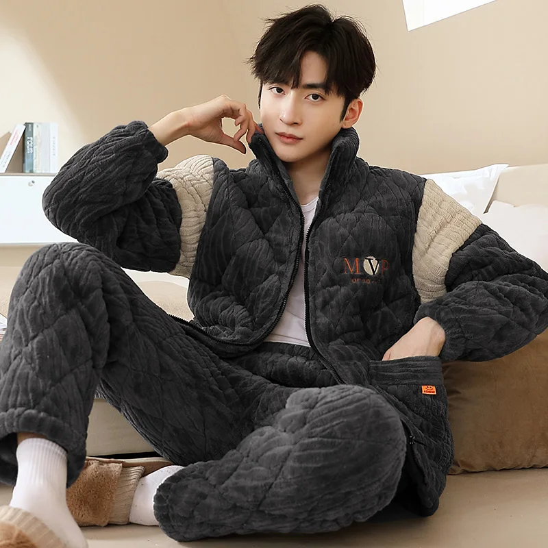 Masculino loungewear triplo em camadas inverno homewear pijamas masculinos coral veludo pijamas conjunto grosso flanela de pelúcia casa zíper homewear