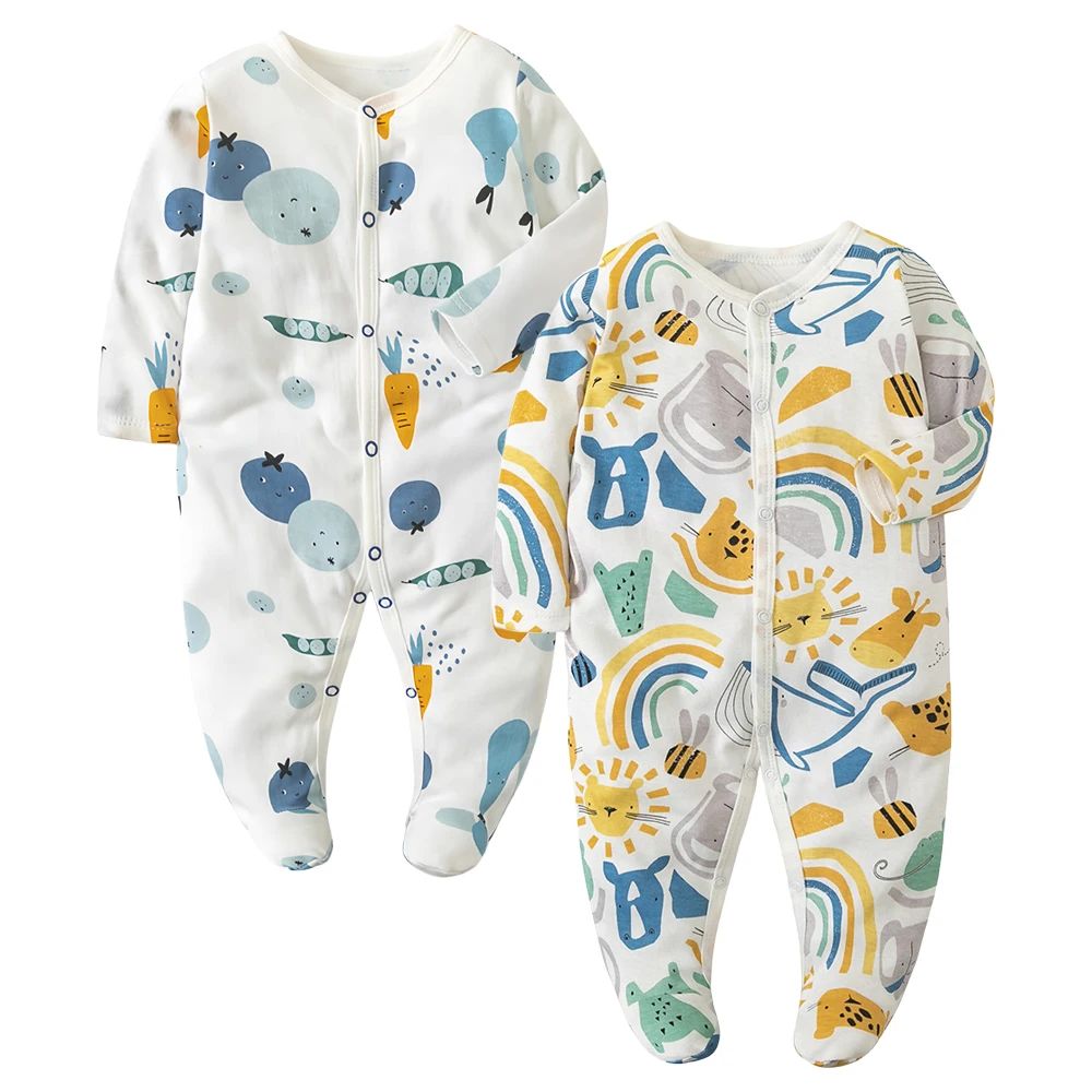 2er Pack Neugeborene einteilige Pyjamas 0-12 Monate Baby Mädchen und Jungen Fuß Nachtwäsche Baumwolle Onesies Mode neugeborene Baby kleidung