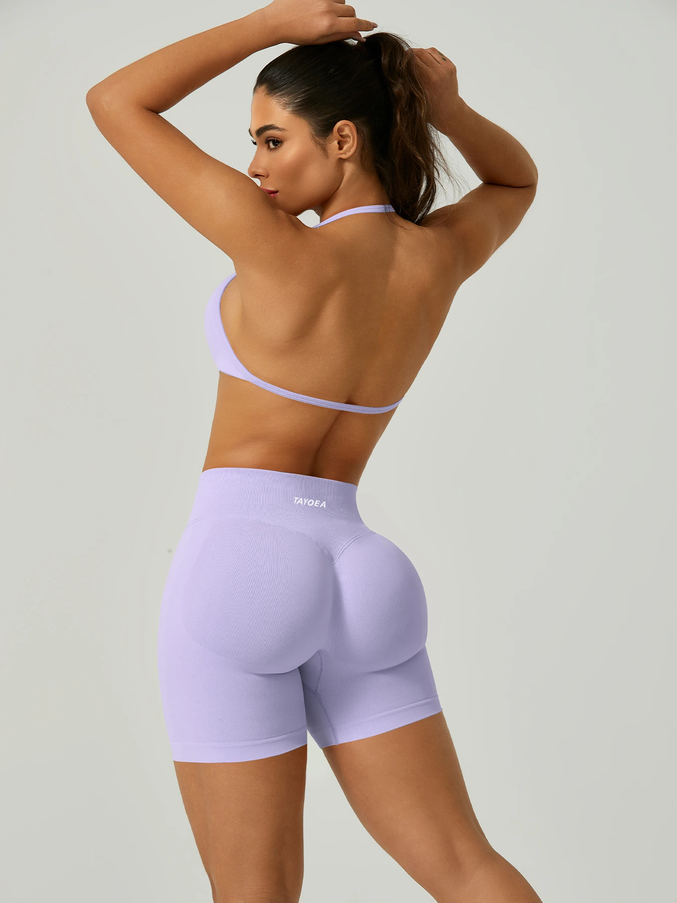 Set olahraga TAYOEA seamless, bra olahraga halter dengan penyangga tinggi dan celana pendek pinggang tinggi, bahan elastis pembentuk tubuh, cepat kering, menyerap keringat, tahan squat, anti gulung, anti gesek, cocok untuk yoga, gym, lari, HIIT
