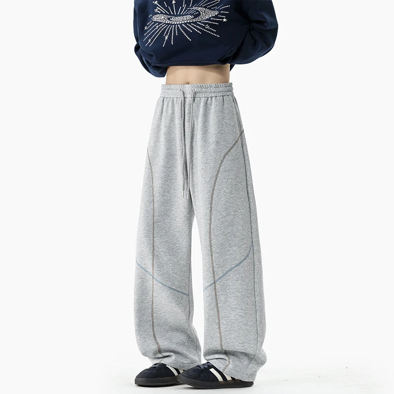 Open Stitch Scimitar Sweatpants Solid Color Casual Men's Pants Elastic Waist Lace-up Sport Wide Leg Men Trousers