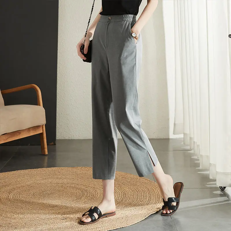 Loose Elastic Waist Simplicity Straight Solid Pockets Comfortable Pants Casual Office Lady Spring Summer Thin Women's Clothing