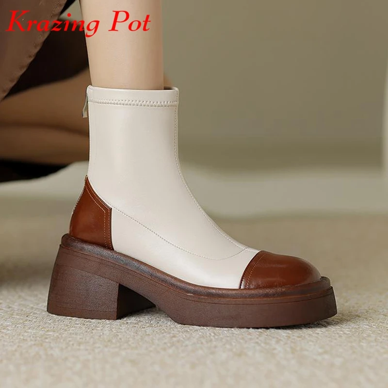 Krazing Pot Microfiber Big Size 42 Thick High Heel Round Toe Winter Keep Warm Western Boots  Zip Punk Rock Singer Ankle Boots