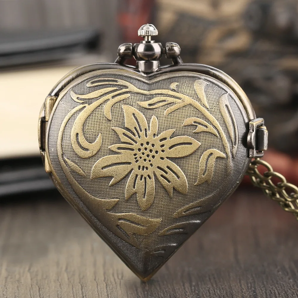 Vintage Elegant Heart Shaped Silver/Black/Bronze Necklace Watch for Lady Lovely Girl Necklace Pendant Pocket Clock Birthday Gift