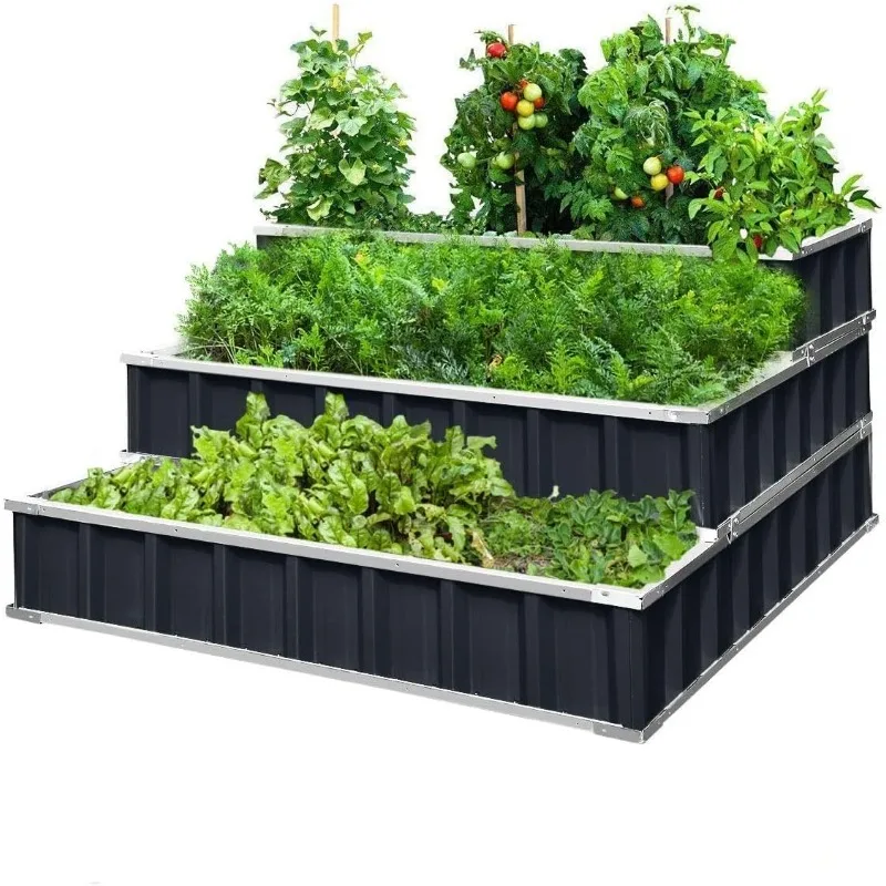 

3 Tiers Raised Garden Bed Dismountable Frame Galvanized Steel Metal Patio Garden Elevated Planter Box 46"x 46"x23.6 for Growing