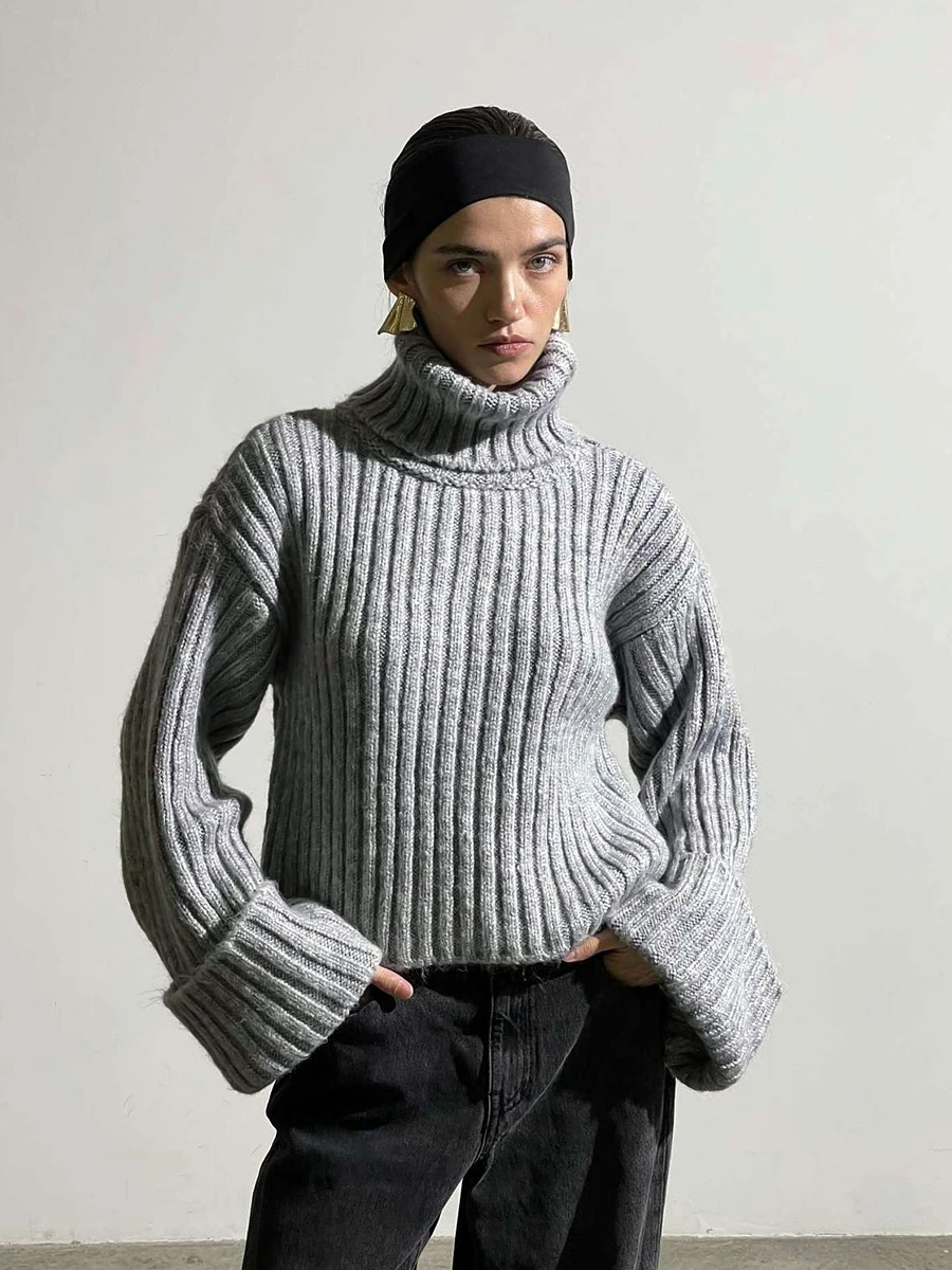 Sumuyoo Damen-Rollkragenpullover 2026x Neuer Europäischer und Amerikanischer Stil Gestreifter Textur-Pullover Locker Sitzend Winter Casual Pendler-Pullover