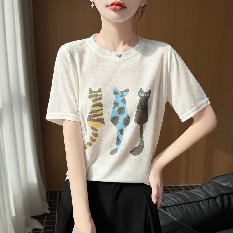 

Spring And Summer New O-Neck Ice Silk Short Sleeve T-shirt Women Loose Solid Color Joker Knit Bottoming Shirt Top