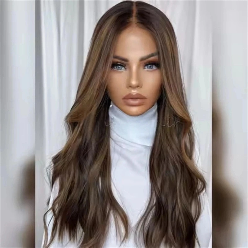 Ombre Chestnut Brownn Synthetic HD Lace Front Wig 30 Inch Long Loose Wave Invisible Transparent Lace Natural Hairline Glueless