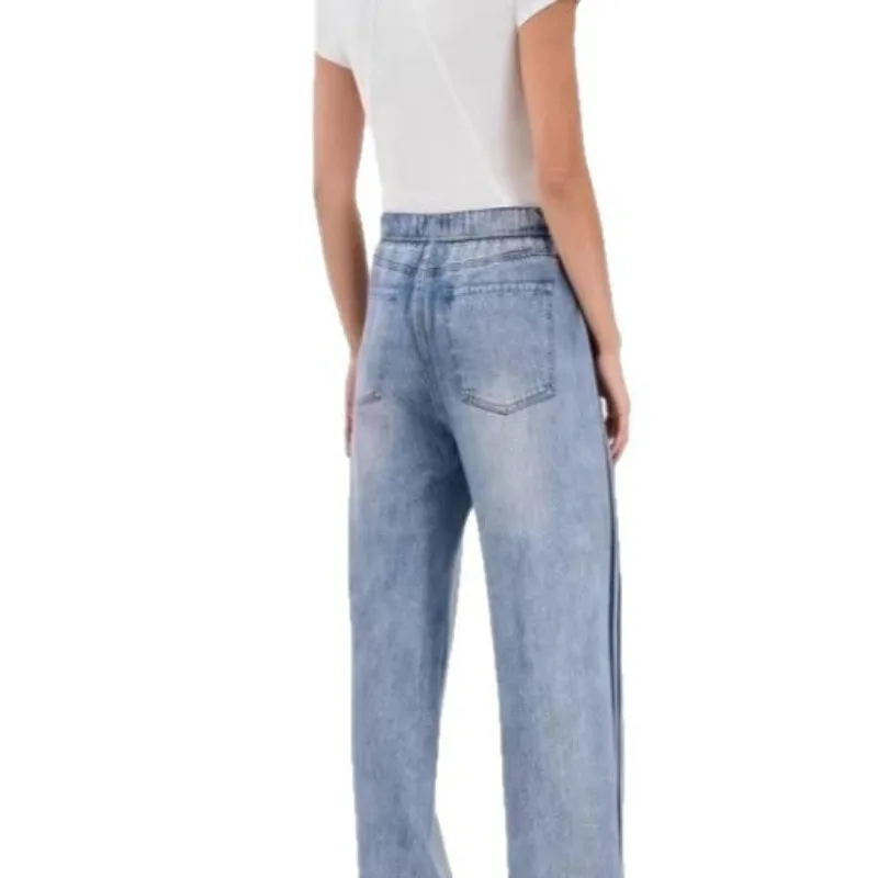 2026 Spring/Summer New Elastic Middle Waist Printed Cowboy Striped Wide Leg Women Leisure Pants
