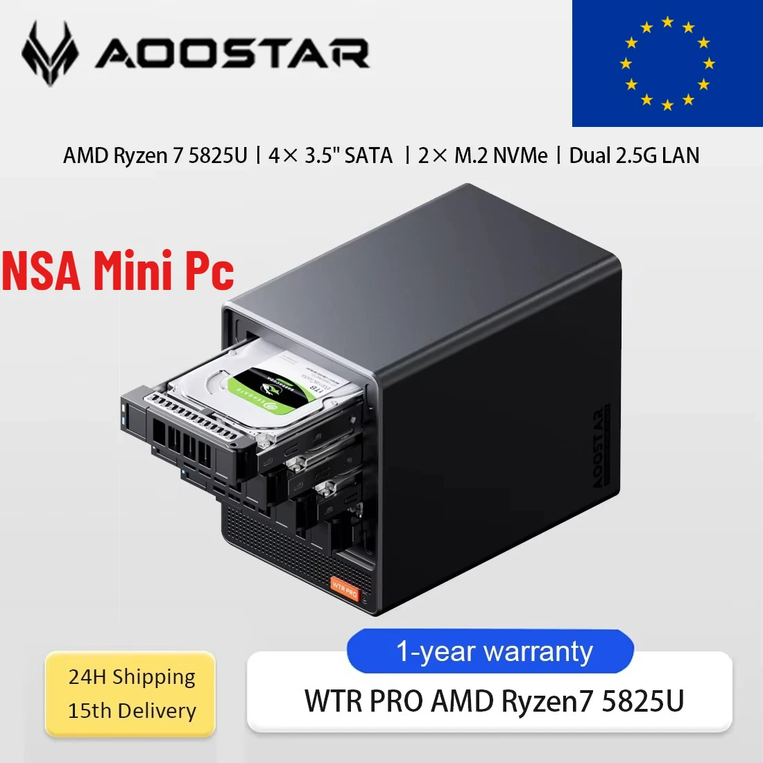 AOOSTAR WTR PRO AMD Ryzen 7 5825U Mini PC/NAS 8C/16T Doppie porte LAN 2,5G Espansione di archiviazione 4K a 4 alloggiamenti Display triplo Raffreddamento silenzioso