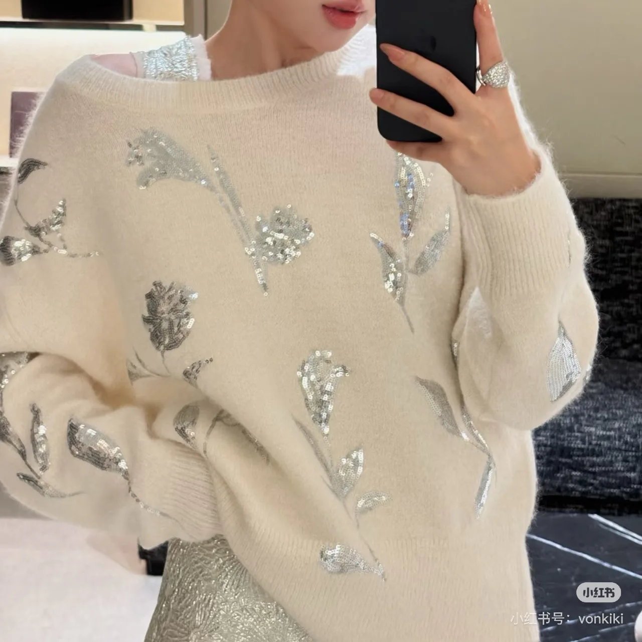 Women Knitted Pullovers Sweaters Sequined Jumpers Floral Embroidered Round Neck Long Sleeves Loose Fit Casual Office 2026 Autumn
