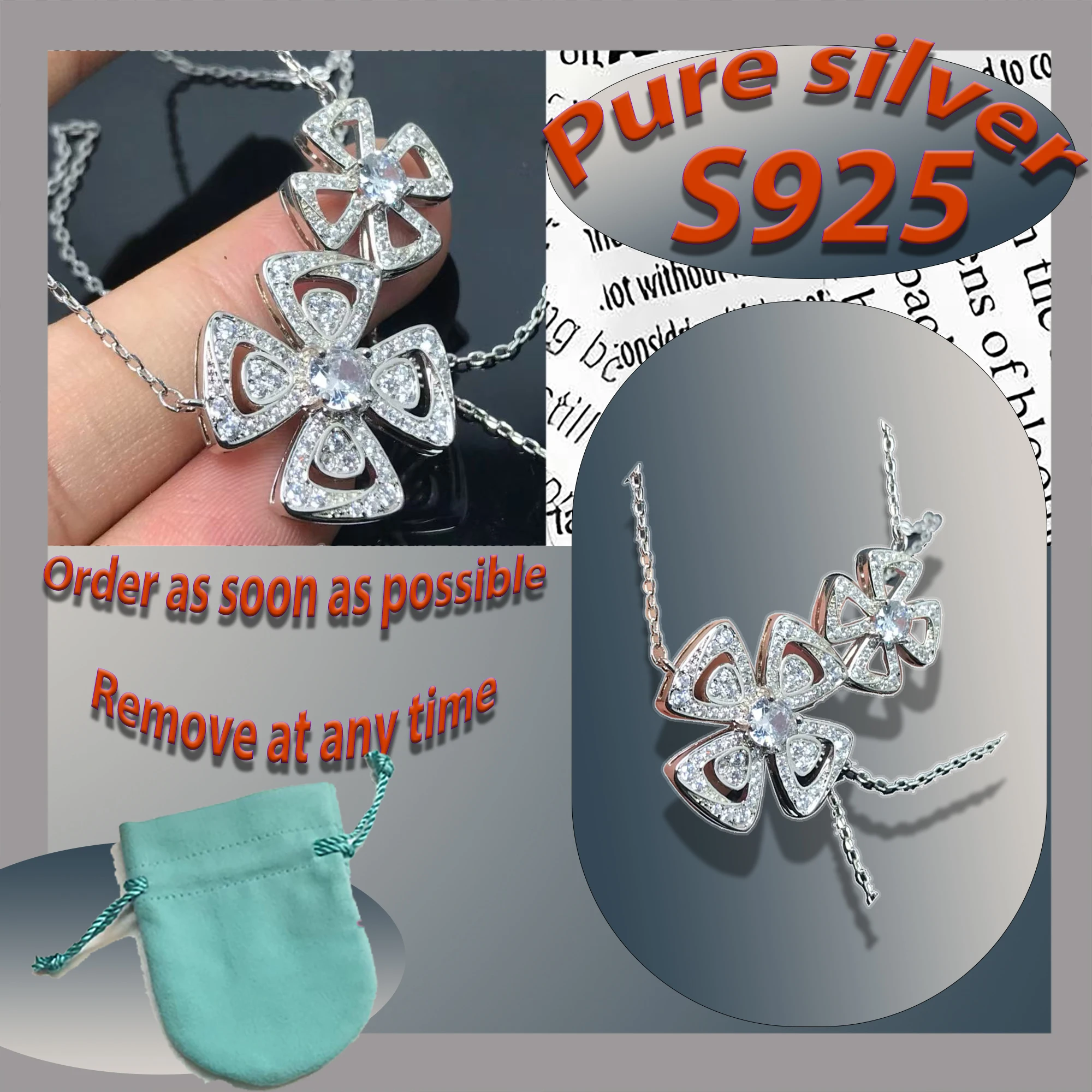 

Pure silver s925 BV flower gorgeous party elegant necklace with sparkling diamonds, women's jewelry charm