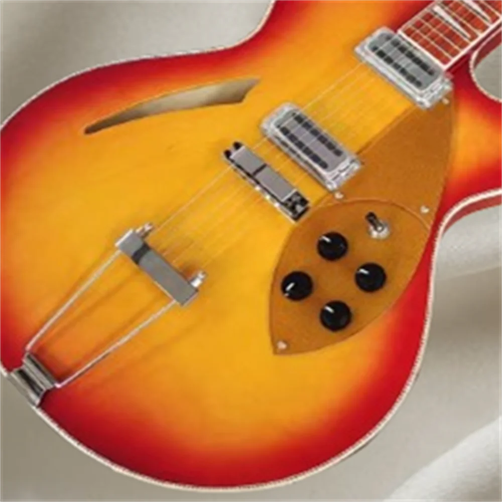 

370 6-string cherry sunset red flame pattern semi-hollow electric guitar, checkered edge, gold pickguard