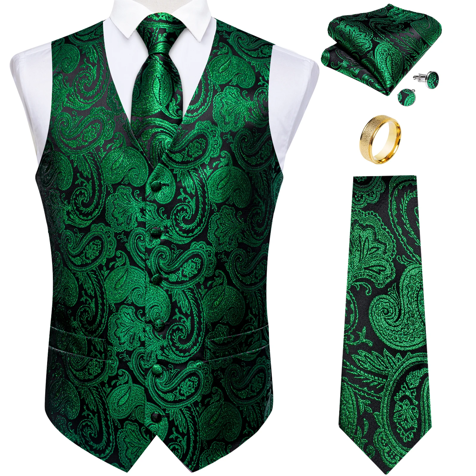 Fashion Green Paisley Vest for Man Business Festival Dress Fit Men\'s Waistcoat Luxury Silk Necktie Pocket Square Cufflinks Ring