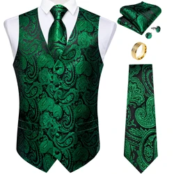 Fashion Green Paisley Vest for Man Business Festival Dress Fit Men's Waistcoat Luxury Silk Necktie Pocket Square Cufflinks Ring