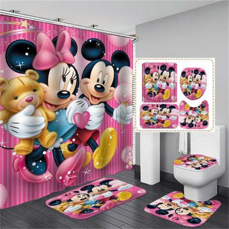 Disney Mickey Mouse Minnie Shower Curtain Set Toilet Cover Rug Carpet Non-slip Bath Mat Board Bathroom