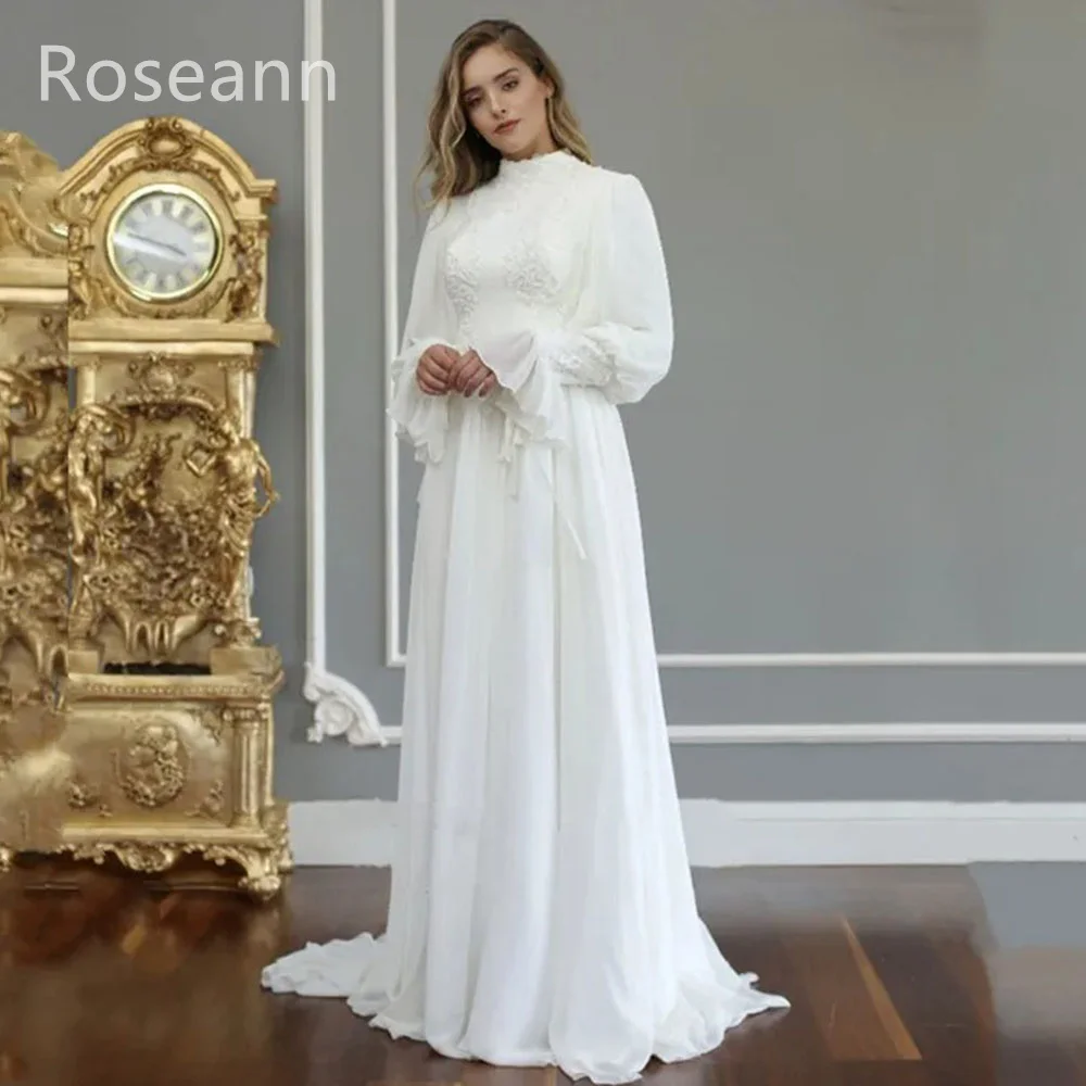 Muslim Customzied Exquisite A-line High Collar Wedding Dress 2025 Applique Draped Pleat Bride Gowns Floor Length robe de mariée