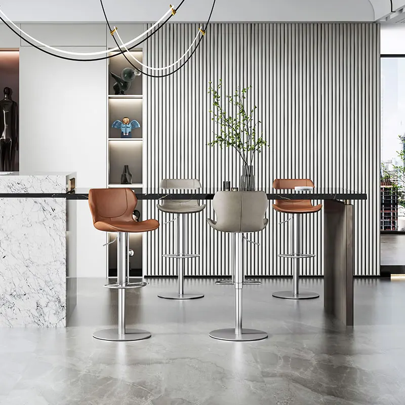 

Italian minimalist bar chair light luxury lifting high foot bar stool chair back stainless steel household rotary island chair