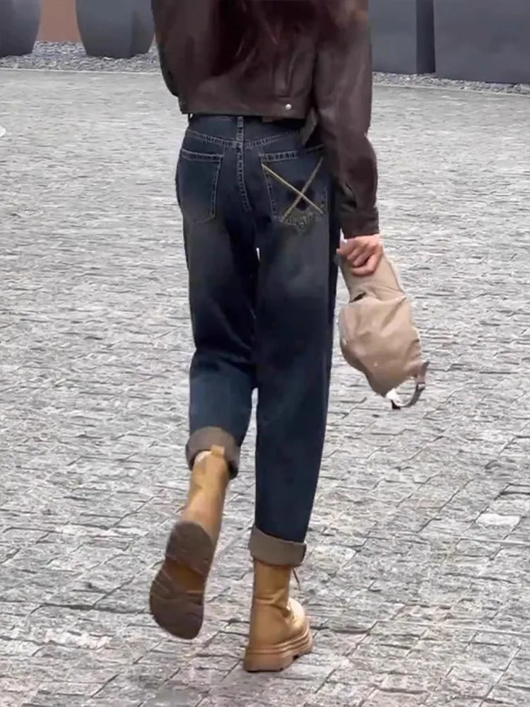 الأمريكية Sle عالية الخصر الحريم الجينز المرأة فضفاضة تناسب التخسيس صغيرة الحجم أبي السراويل الخريف جديد حجم كبير جينز غير رسمي