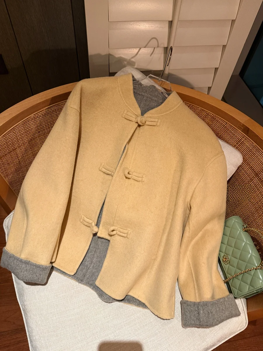 

Осенне-зимнее шерстяное пальто с желтыми глазами и пуговицами, китайское женское модное облегающее длинное пальто с воротником-стойкой