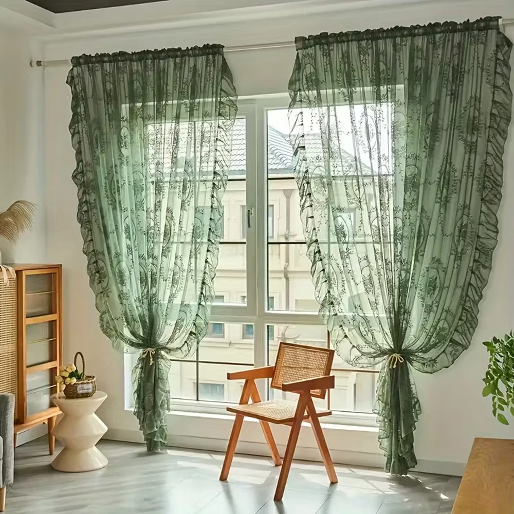 1pc Cure-Style Lace Window Curtain, Soft Floral Embroidery, Eye-Care Light, Plush Texture, Perfect for Bedroom & Guest Room
