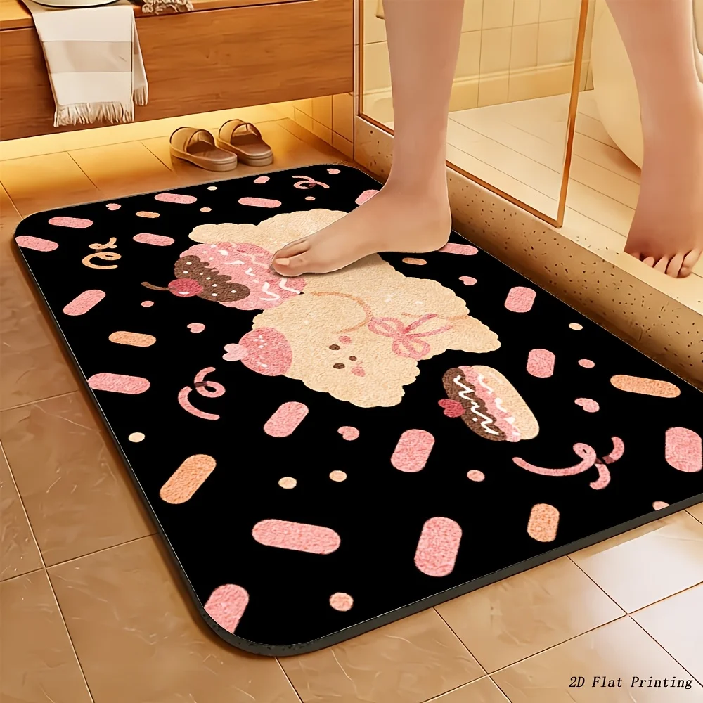 Cute Poodle Dog Door Mat, Pink Bow & Sprinkles Pattern, Black Bathroom Rug, Non-slip Entrance Floor Mat, Kawaii Pet Home Decor