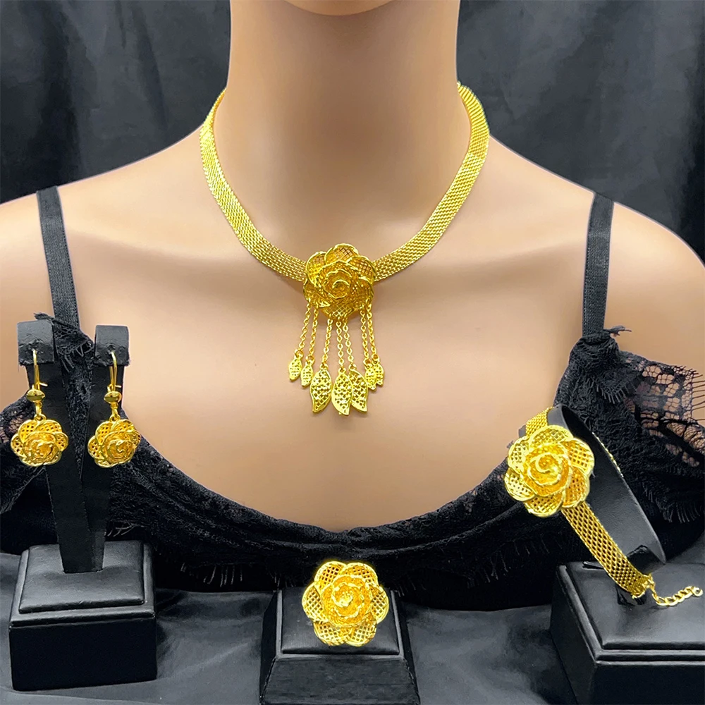 4 pcs Dubai bride golden flowers set of women's party jewelry luxury Non-fading wedding necklace earrings bracelet ring set image 3