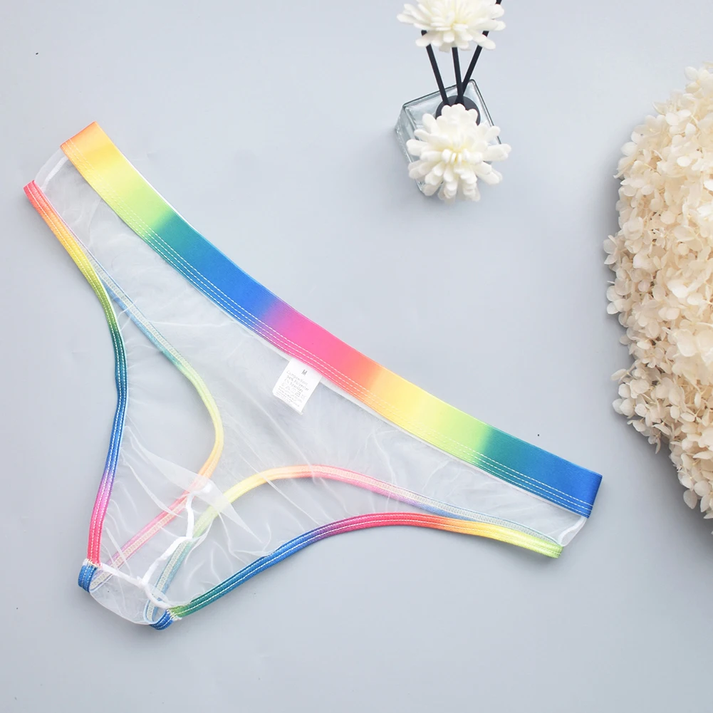 

Mens Sexy Mesh Sheer Underwear Rainbow Edge Thongs Briefs Thin See Through Temptation Panties Low Waist Underpants Hombre