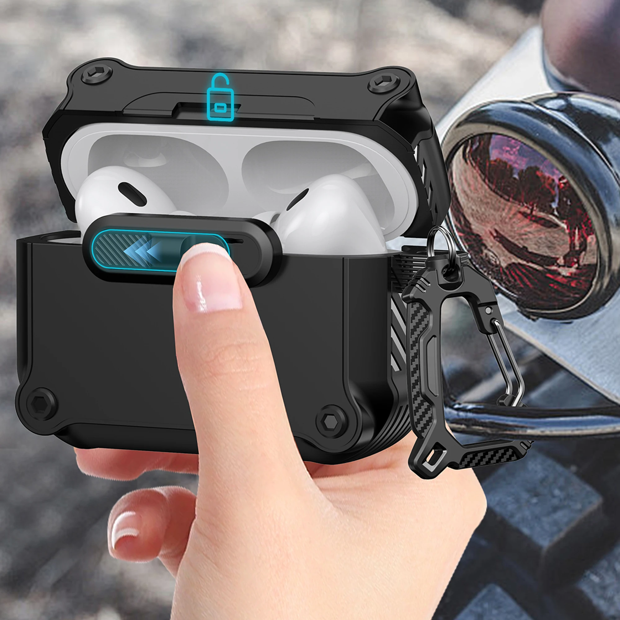 Pour AirPods Pro 2 Étui TPU + PC Housse pour écouteurs avec mousqueton à verrouillage avant - Noir