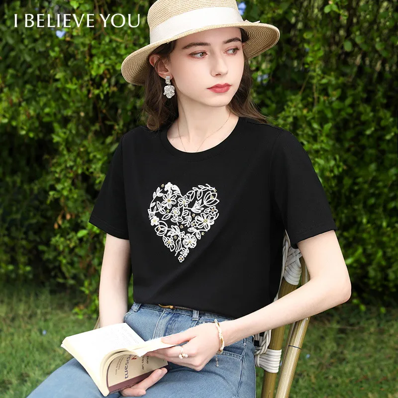 I BELIEVE YOU Short Sleeved Round Neck T-Shirt 2026 Summer New Heart Shaped Plant Embroidered Gentle Top For Women 2262016330