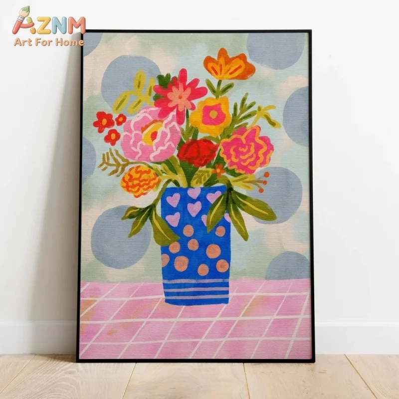 AZNM Vibrant Colorful Flower Vase Canvas Wall Art Blue Polka Dot Heart Vase Pink Grid Table Floral Painting Unframed Canvas Home