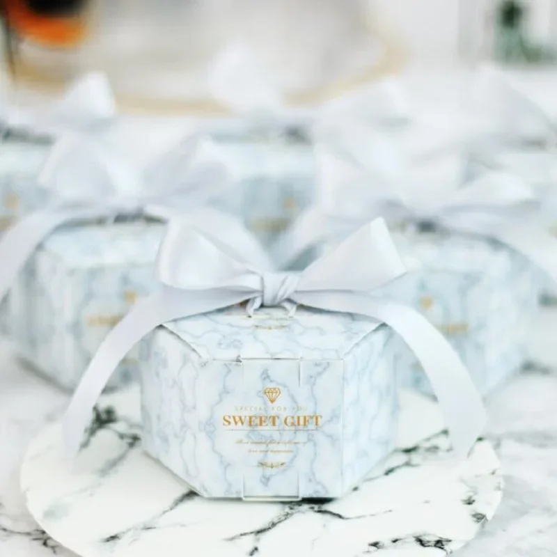 Silver Marble Hexagon Style Candy Box Wedding Favors and Gifts Boxes Baby Shower Paper Gift Boxes for guests  Party Supplies