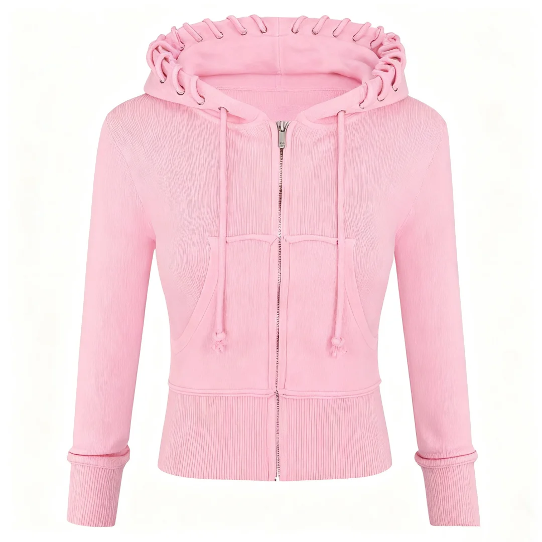 เสื้อฮู้ดฮาราจูกุสีพื้นแบบซิป สไตล์พังก์ ฮิปฮอป ลายกราฟิก EMO สำหรับสาวๆ สตรีทแวร์ ลำลอง สบายๆ สไตล์ไฮสตรีท