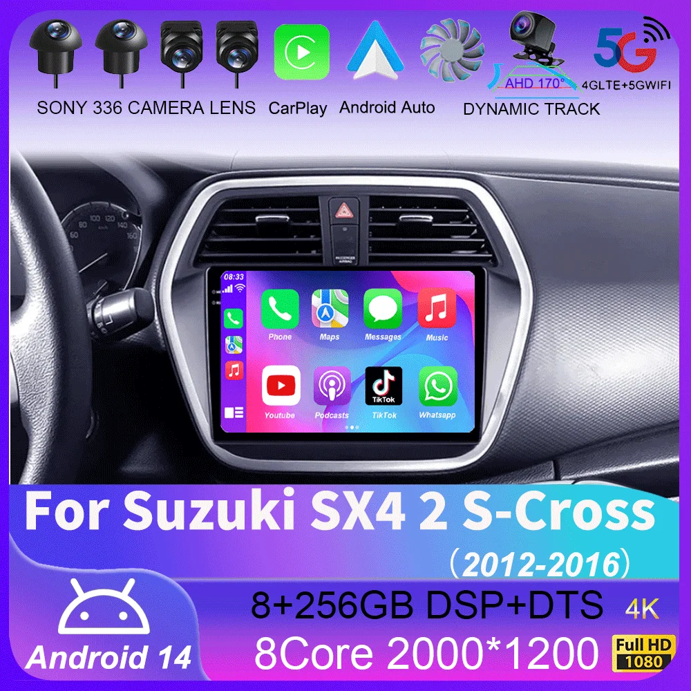 Для Suzuki SX4 2 S-Cross 2012-2016 Carplay Auto 4G + WIFI GPS Автомобильный радиоприемник Навигация Мультимедийный видеоплеер Стерео BT Android 14