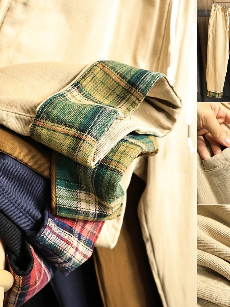 

Мужские повседневные брюки в японском стиле в стиле ретро, однотонные, приятные для кожи, в клетку, модные универсальные универсальные хлопковые пряжи, осень-зима