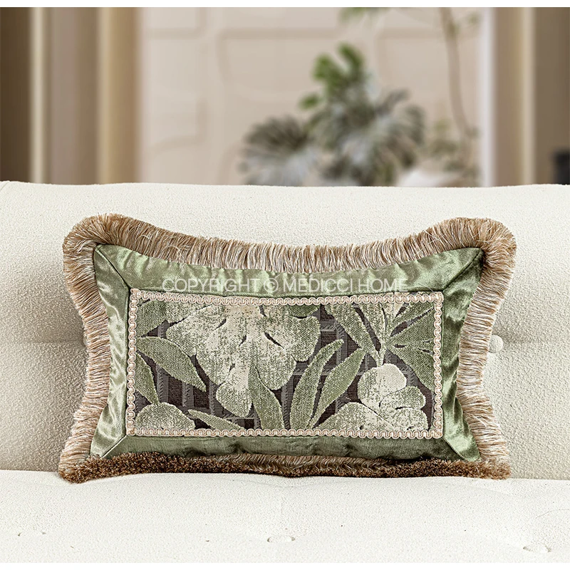 Medicci Home Monstera Leaf Cut Velvet Lumbar Pillow Cover With Fringe Luxury Olive Green Botanical Cushion Case For Patio Garden